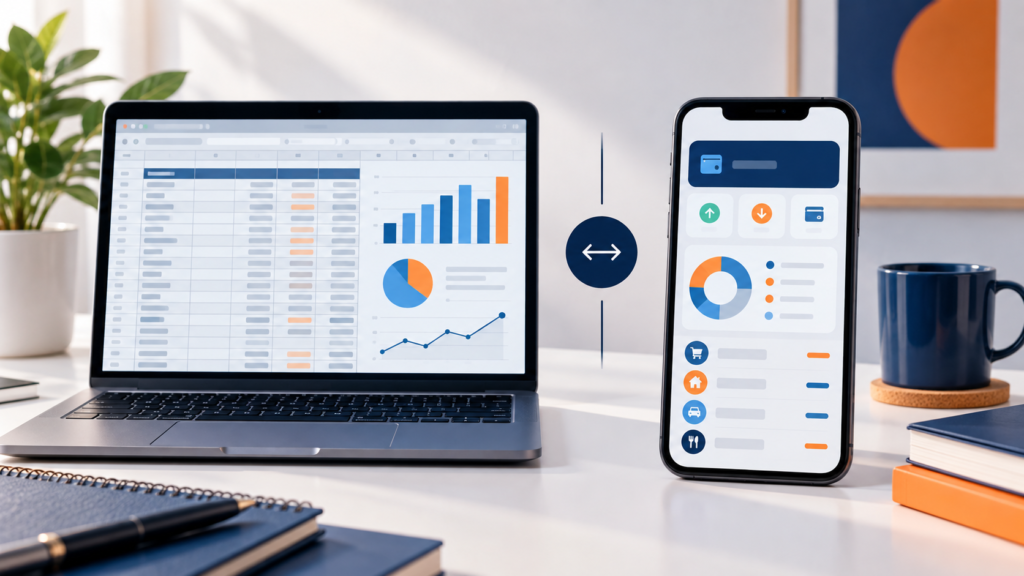 Comparação entre planilha e aplicativo de controle financeiro