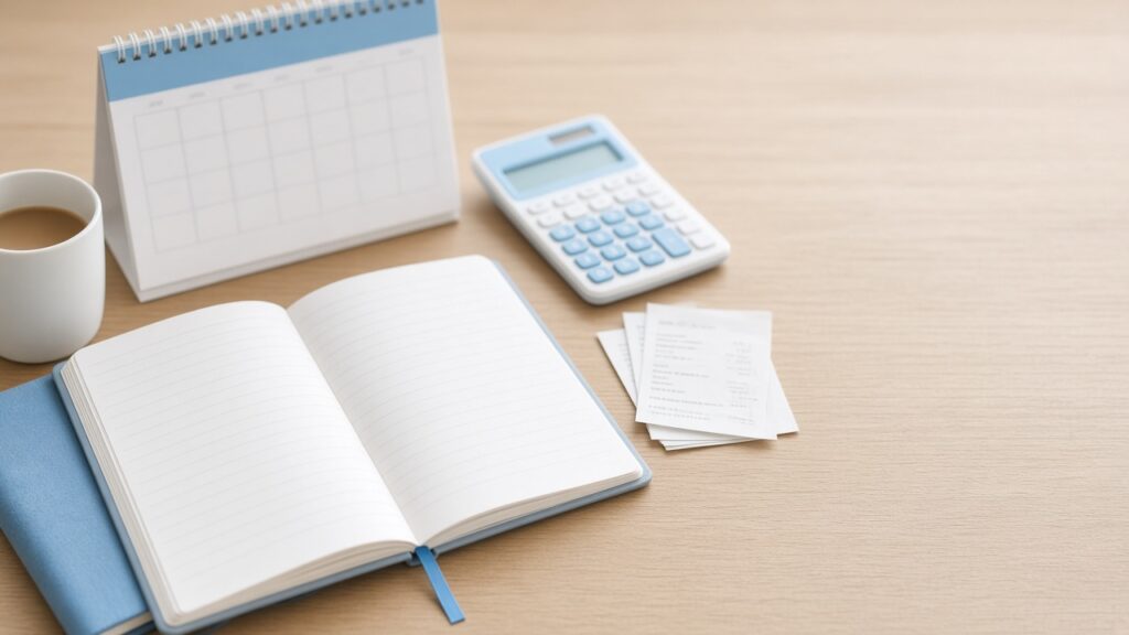 Caderno, calendário e calculadora usados para planejar o orçamento mensal
