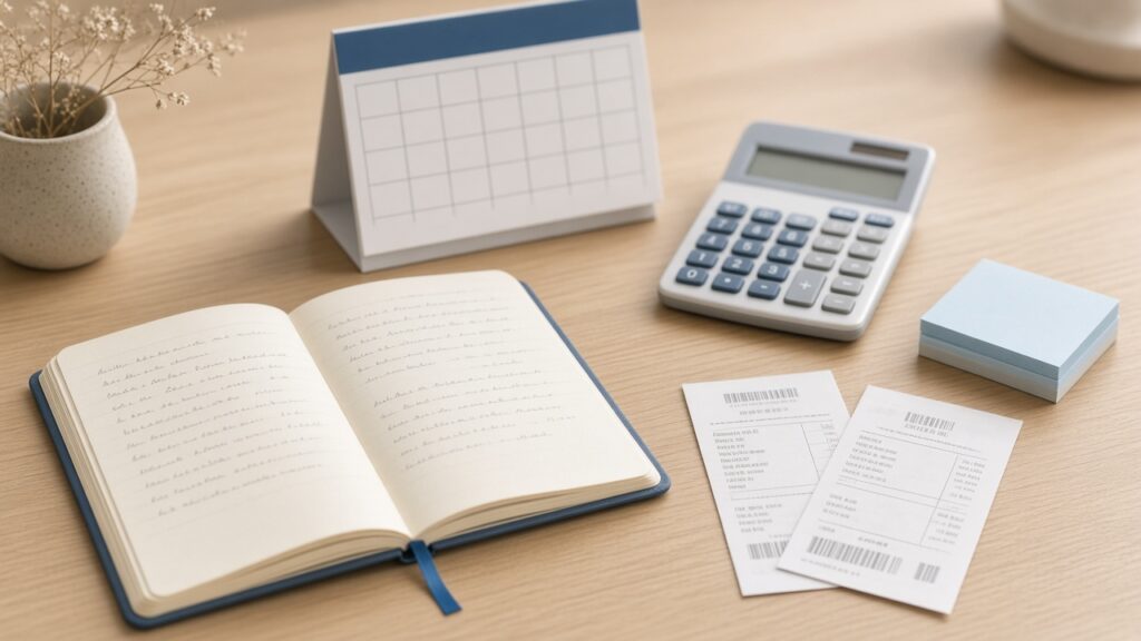 Calendário, caderno e calculadora usados para planejar contas com renda variável.