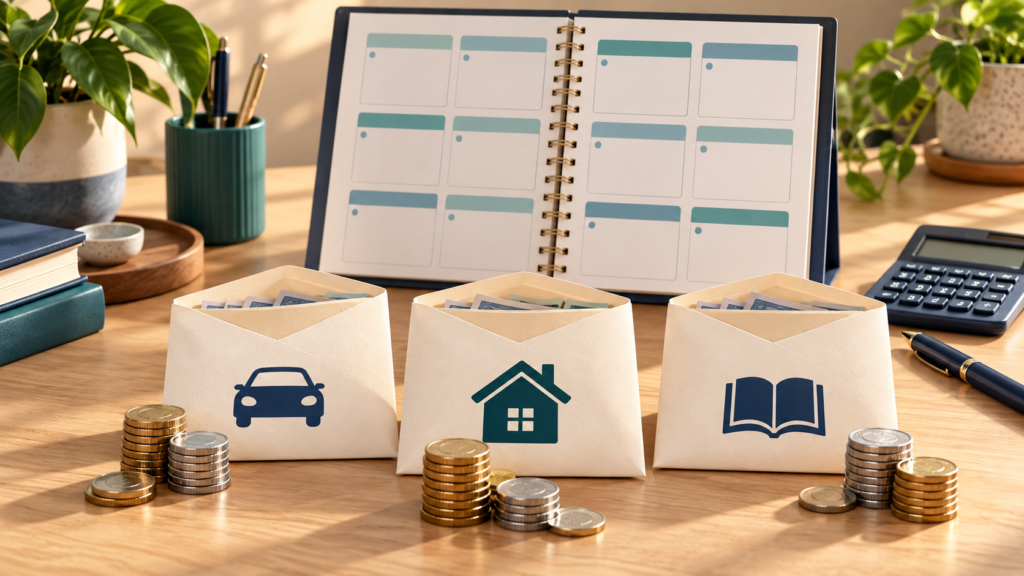 Envelopes com símbolos de carro, casa e escola, moedas e calendário para planejar despesas anuais.