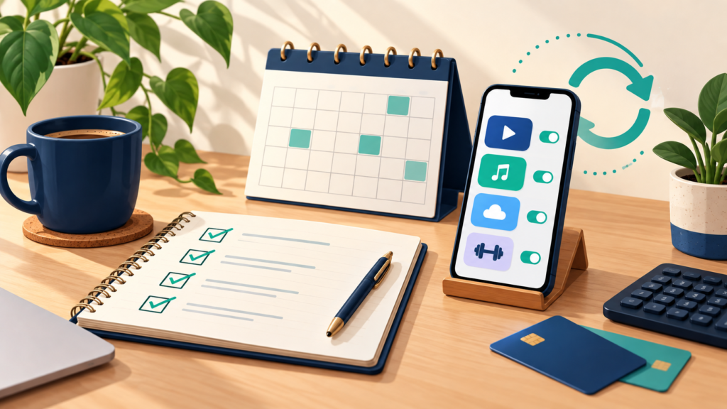 Calendário, lista de tarefas e celular com ícones de serviços para organizar assinaturas e gastos recorrentes.