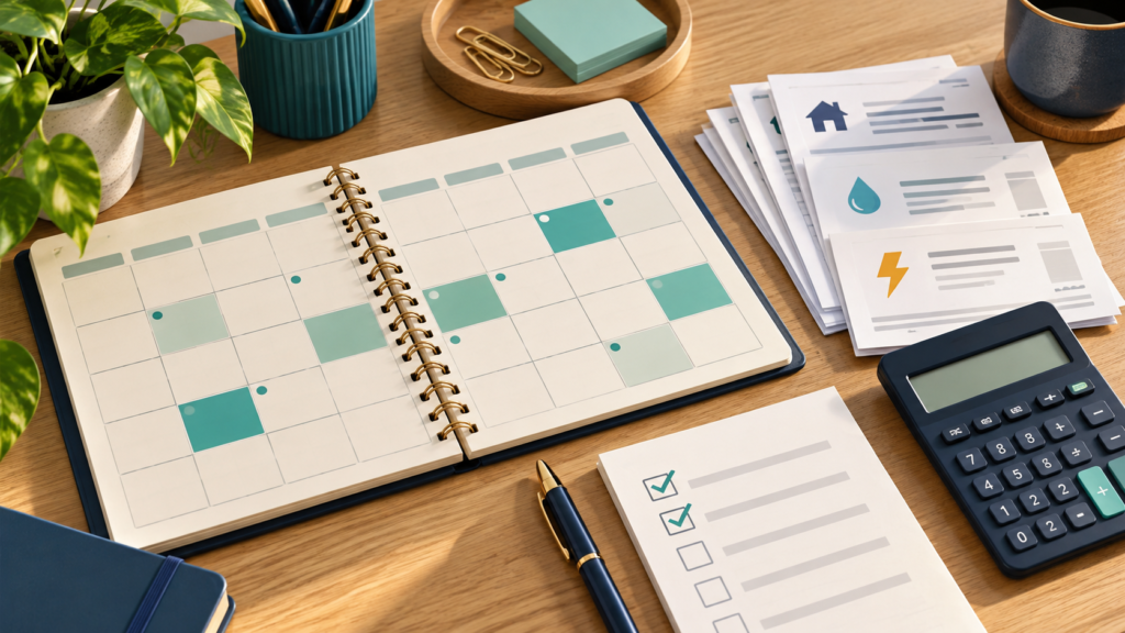 Agenda com calendário, contas domésticas e lista de pagamentos para organizar as contas do mês.